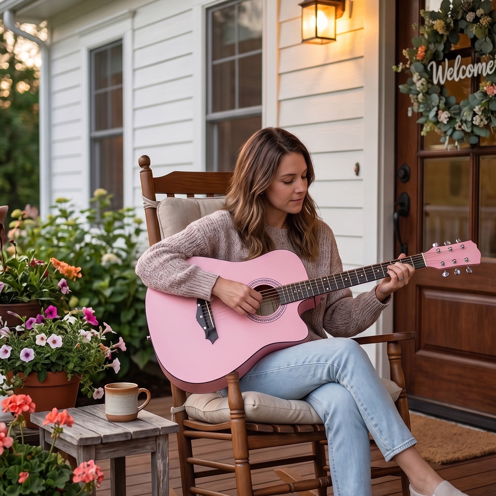 38in Acoustic Guitar with Picks, Strings, Capo, Case, Tuner, and Strap - Matte Pink