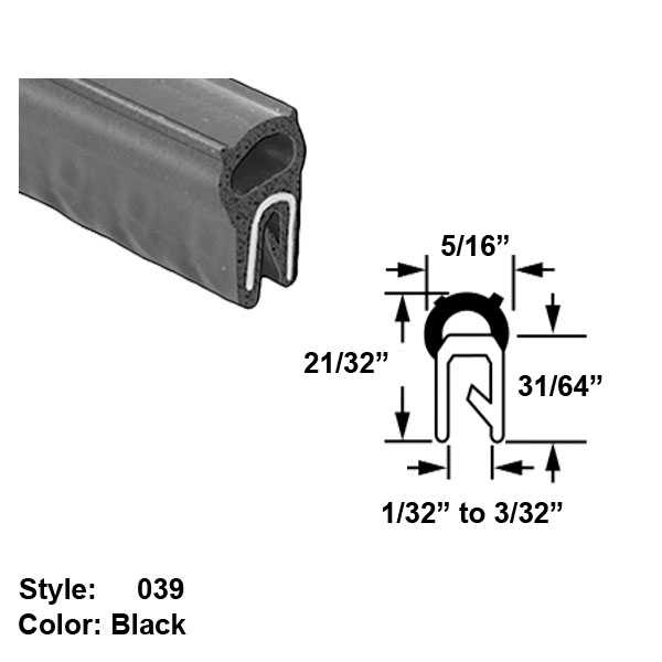 Water and Weather Resistant Hollow Foam Rubber PushOn Seal with Bulb on Top, Style 039 Ht. 21