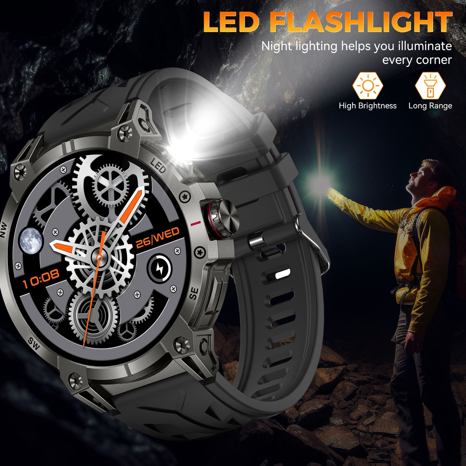 XAXRE KC89 Smart Watch for Men(Answer/Dial Calls)with LED Flashlight 760mAh Battery 100+ Sports Modes Sport Watch 1.85'' HD Smartwatches for iOS Android, 1pc
