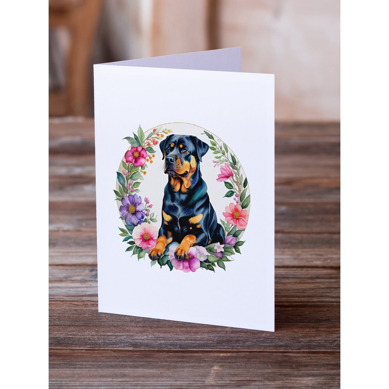Rottweiler and Flowers Greeting Cards and Envelopes Pack of 8 7 in x 5 in