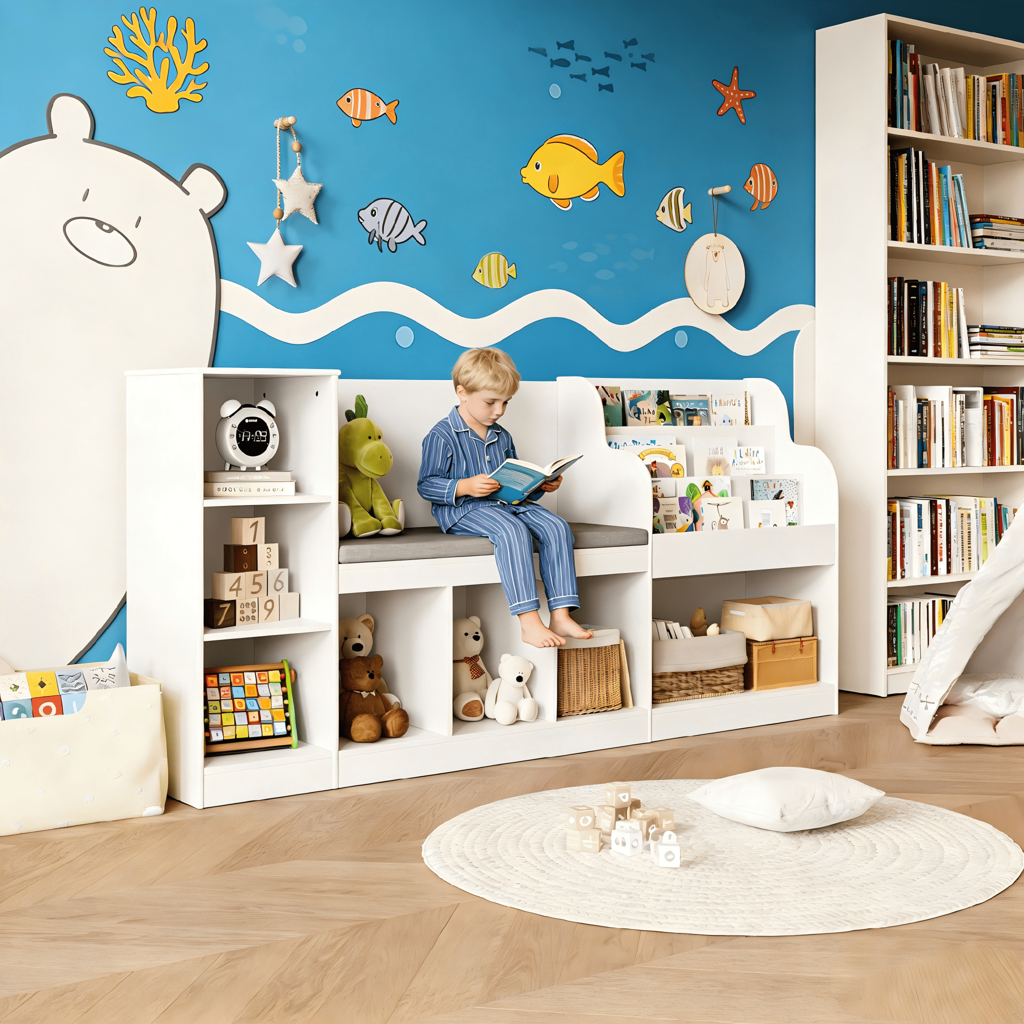 Lofka Kids Bookshelf with Reading Nook & Toy Storage - 3-Tier Bookshelf, 7 Cube Organizer, Double Seat & Anti-Tip Design - Perfect Children’s Bookcase & Playroom Furniture (White)