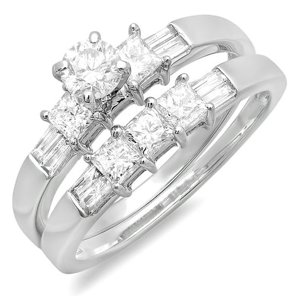 Dazzlingrock Collection 1.00 Carat (ctw) 14k Round, Princess & Baguette Cut Diamond Ladies Bridal Engagement Ring Set 1 CT, White Gold, Size 5.5