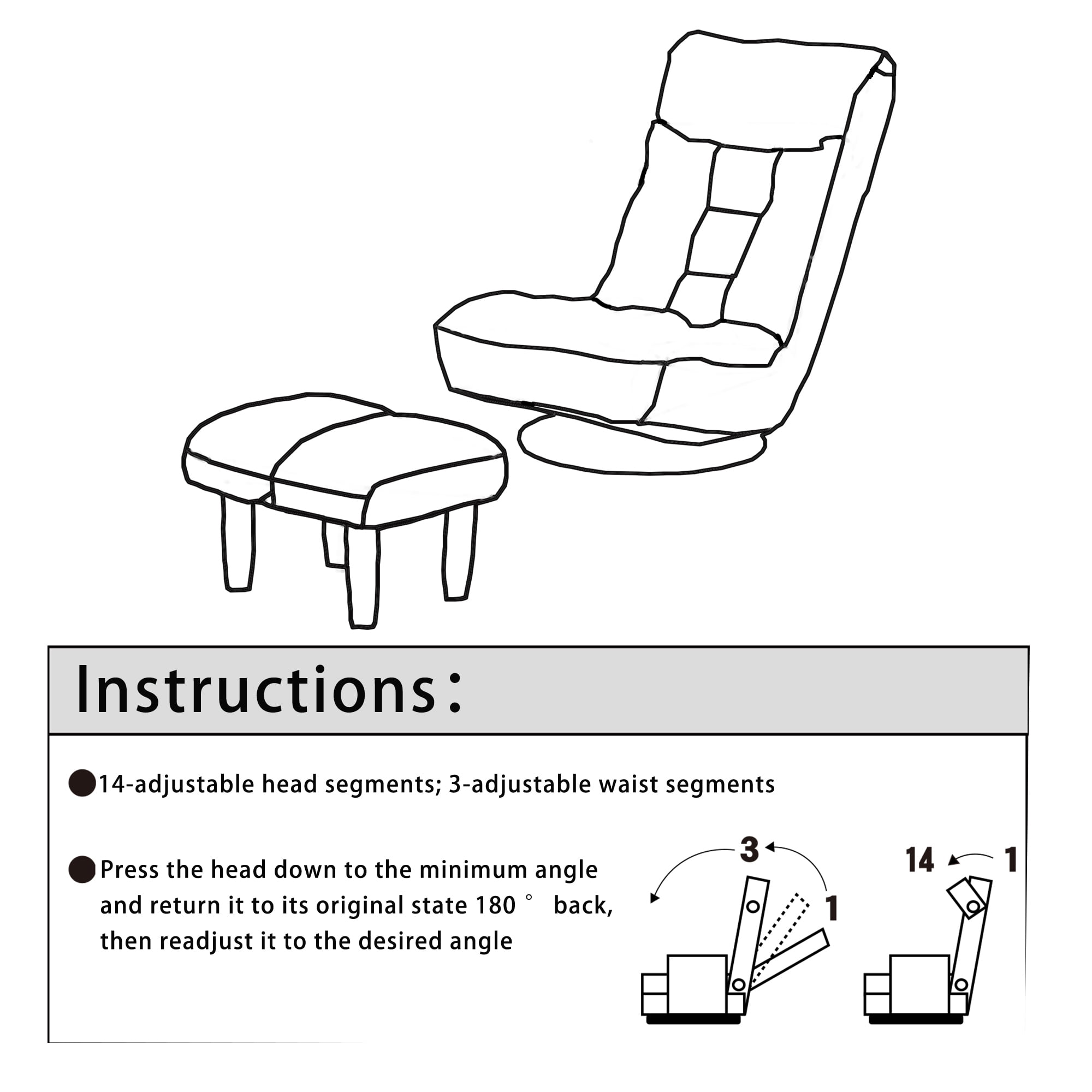 Reclining Chair, Floor Chair, Adjustable Lounge Chair with 3-Section Backrest and 360-Degree Swivel Base, Foldable for Living Room Tatami Bedroom, Gray
