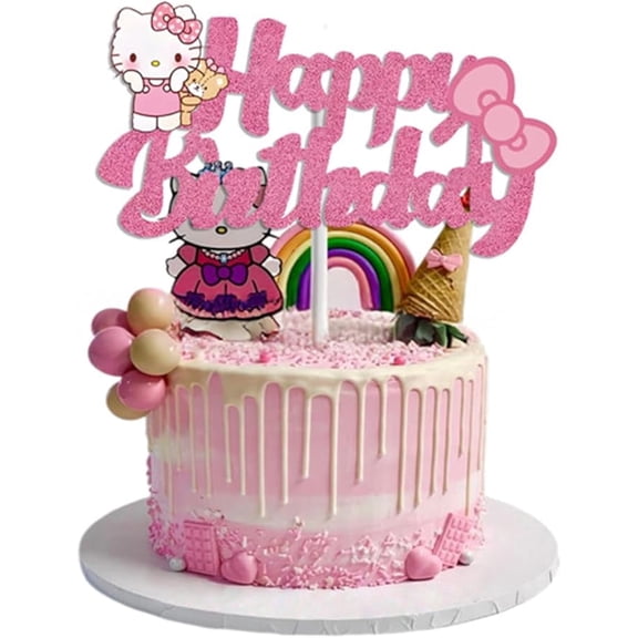 Cute Kitty Birthday Cake Decorations, Happy Birthday Cake Topper Glitter, Cartoon Theme Party Cake Decorations Supplies (Pink)