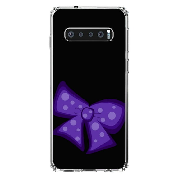 DistinctInk Clear Shockproof Hybrid Case for Samsung Galaxy S10 (6.1" Screen) - TPU Bumper, Acrylic Back, Tempered Glass Screen Protector - Purple Black Bow Ribbon - Cartoon Bows / Ribbons