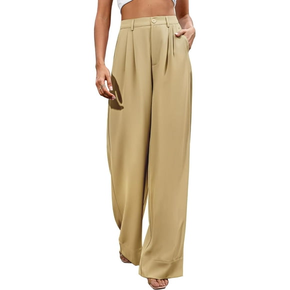 oo Femmes Casual Pantalon Large Jambe Bouton vers le Bas Droite Pantalon Long Pantalon Élastique Taille Haute Robe Pantalons pour Femmes Léger Kaki 4