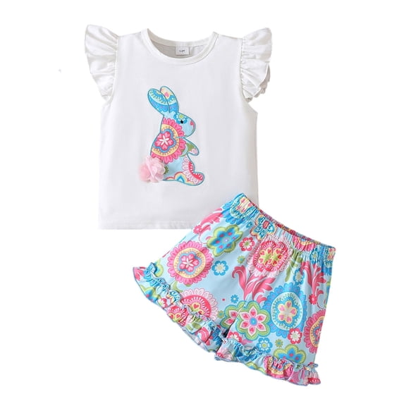 Kiijoy Toddler Girls Easter Outfits Summer Cute Bunny Graphic Tee Shorts Set, Sizes 1-2T