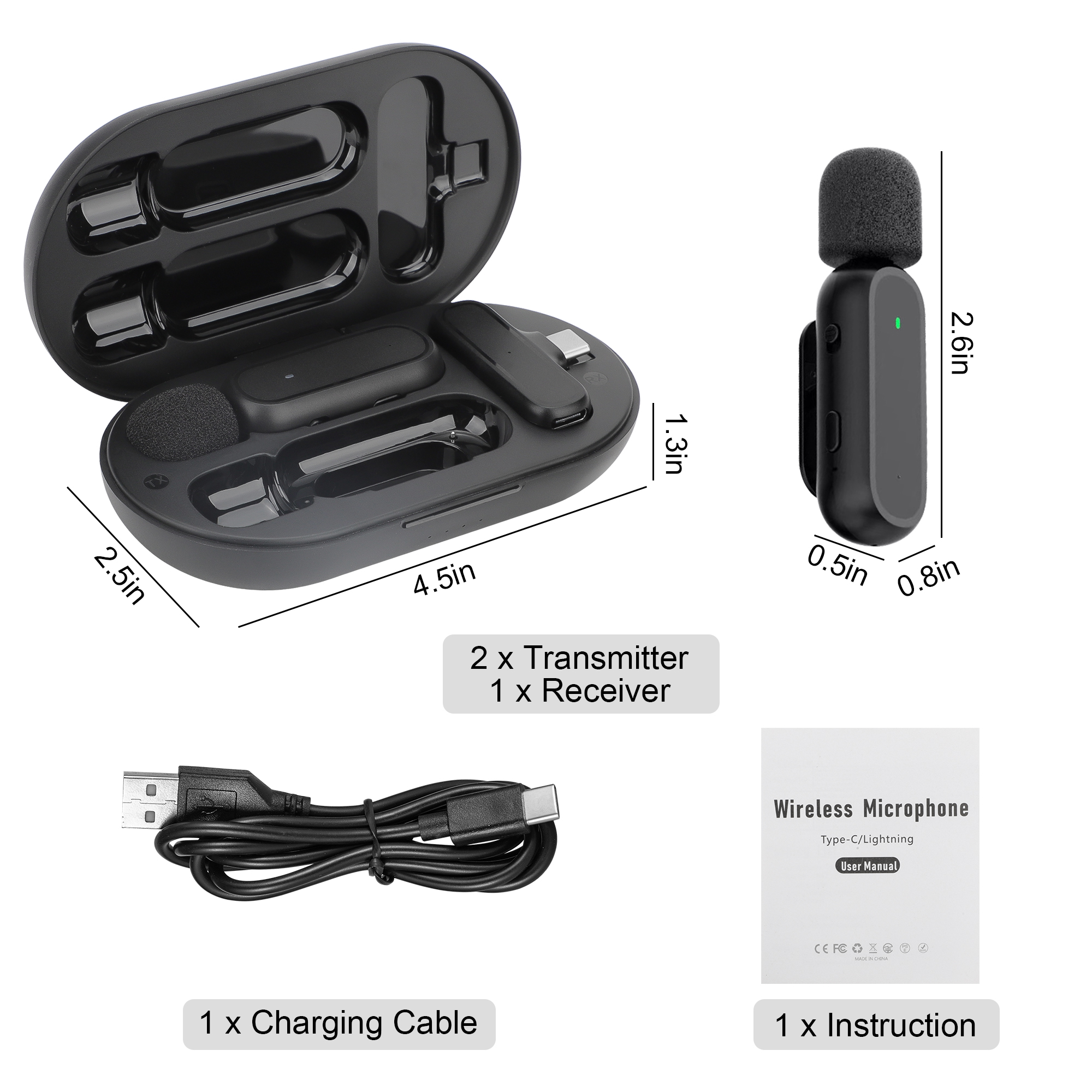 Professional 2.4GHz Dual Wireless Lavalier Microphone Kit w/Charging Case - Noise Cancelling Clip Mic for Android, Type-C Phones, Live Streaming, YouTube Videos