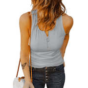Mutural Summer Tanks Top With Zip Sleeveless Casual Shirts Slim Fit Zipper Scoop Neck Women Henley Tight Ribbed Knit Tops Small Gray