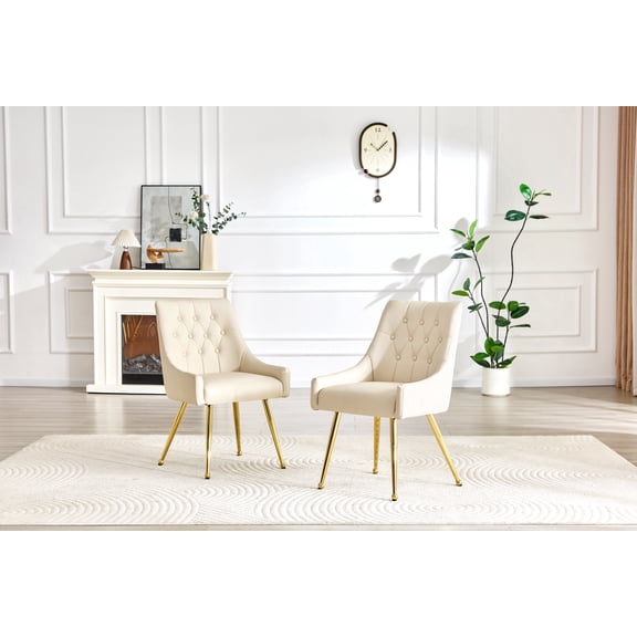 FFZ Set of 2 PU Leather Dining Chairs with Diamond Tufted Back and Gold Metal Legs, Off White