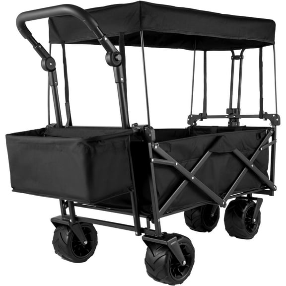KFFKFF Collapsible Wagon Cart, Utility Garden Trolley with Removable Canopy, 600D Oxford Cloth, Foldable Garden Wagon Cart with Wheels & Back Storage for Outdoor Activities, Groceries (Black)