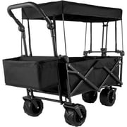VEVOR Extra Large Collapsible Garden Cart with Removable Canopy, Folding Wagon Utility Carts with Waheels and Rear Storage, Wagon Cart for Garden, Camping, Grocery Cart, Shopping Cart, Black