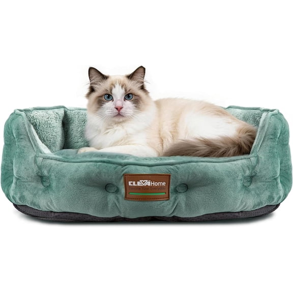 Cleva Upgrade Plush Faux Fur Cat Bed - Washable Round Cat Beds for Indoor Cats, Small Dog Bed for Pets up to 15lbs, Reversible Cushion, Non-Slip Bottom (Washed Green)