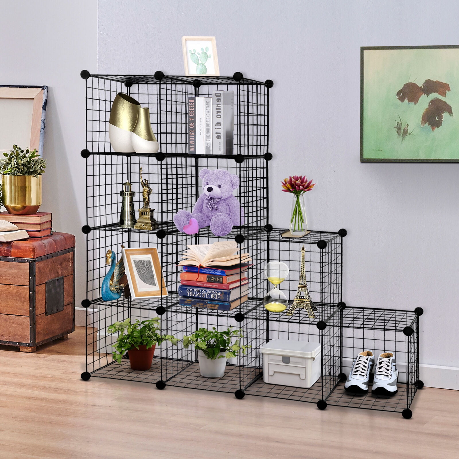 LINJH 12-Cube Wire Cube Storage Organizer Shelving Wire Shelves Rack Modular Bookshelf