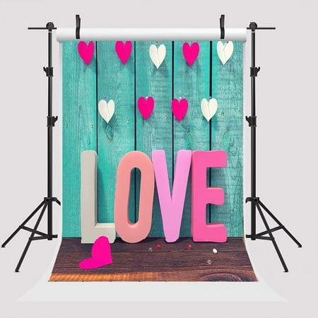 HelloDecor 5x7ft Valentine's Day Backdrop for Photography Pink Love Blue Wood Wall Background Brown Wood Floor Photo Booth Backdrop