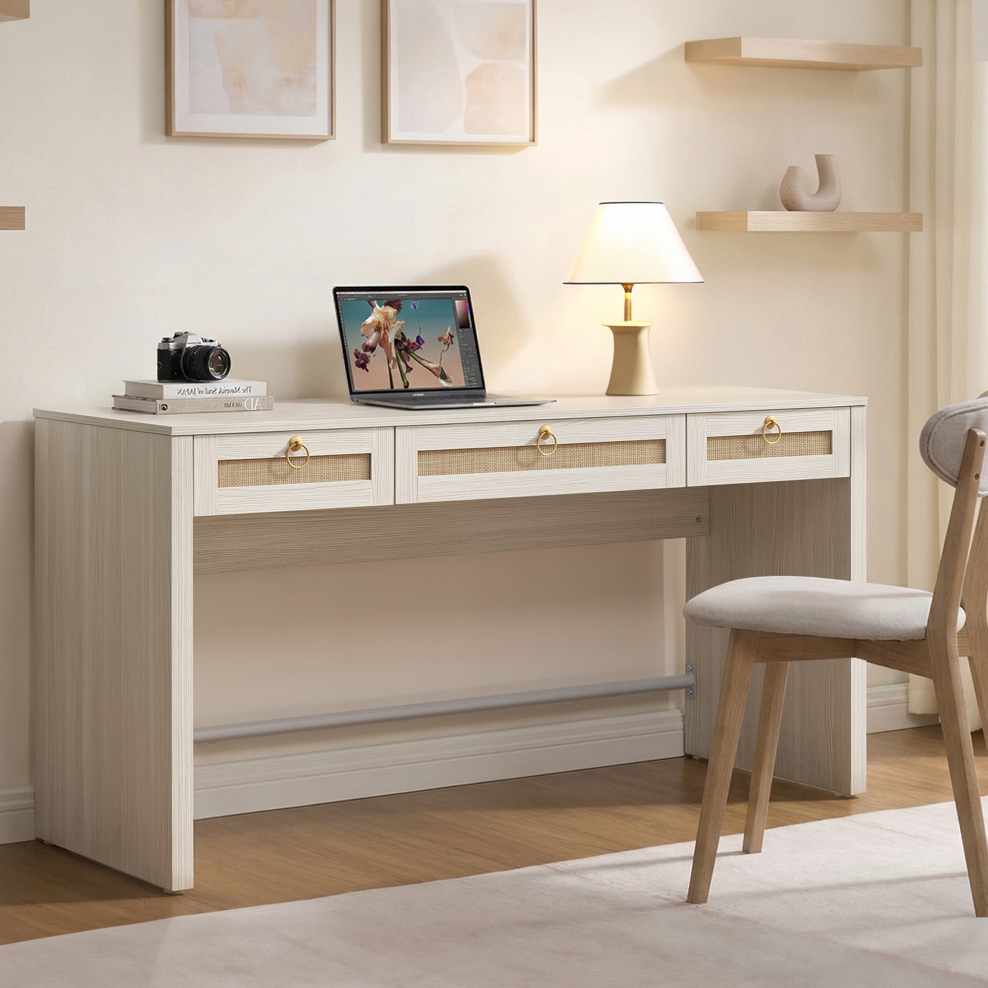 SICOTAS 59.05" W Home Office Computer Desk with Ample Storage，Boho Writing Desk with 3 Spacious Drawers & Unique Rattan Decor, Farmhouse Coastal Classic Style, Cream White