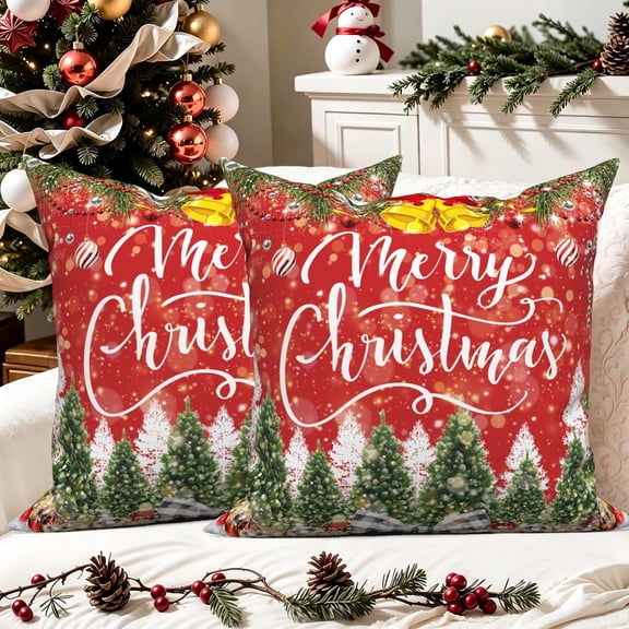 Merry Christmas Pillow Covers 18x18 Set of 2 Double-Sided Red Snowy Xmas Tree Winter Holiday Decorative Pillow Cases for Couch Sofa