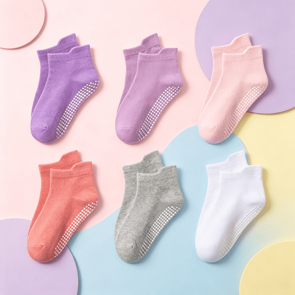 Kids Non-Slip Socks 6 Pairs for Girls - Ankle Gripper Socks, Breathable Cotton Multicolor,Size 3 T