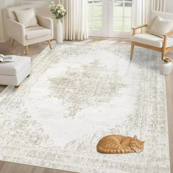 5x7 Area Rugs for Living Room: Washable Rug Vintage Rugs with Non-Slip Backing Low Pile Indoor Retro Carpet for Bedroom Dining Room Home Office (Beige, 5' x 7')