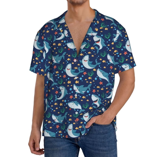 Balery Sea Sharks Camisa Casual de Manga Corta con Botones para Hombre, Texturizada, Estilo Cubano, para Playa, Verano-3X-Large