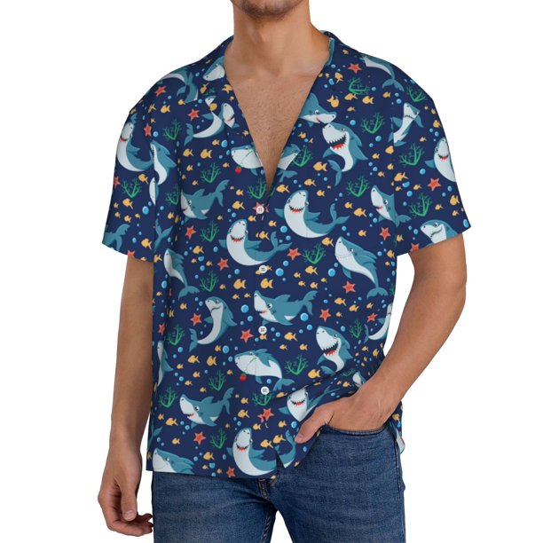 Fotbe Sea Sharks Camisa Estampada de Manga Corta para Hombre, Casual de Verano, Estilo Playero, Sin Arrugas-Small