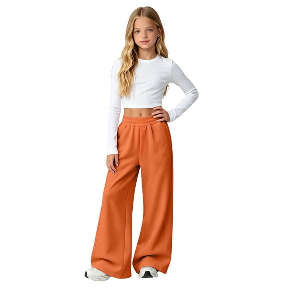 GiLiling Teen Girls Barrel Sweatpants High Waisted Fleece Baggy School Sweat Pants Barrel Leg Pants High Waisted Baggy Fit Pants (Orange, 7-8 Years)