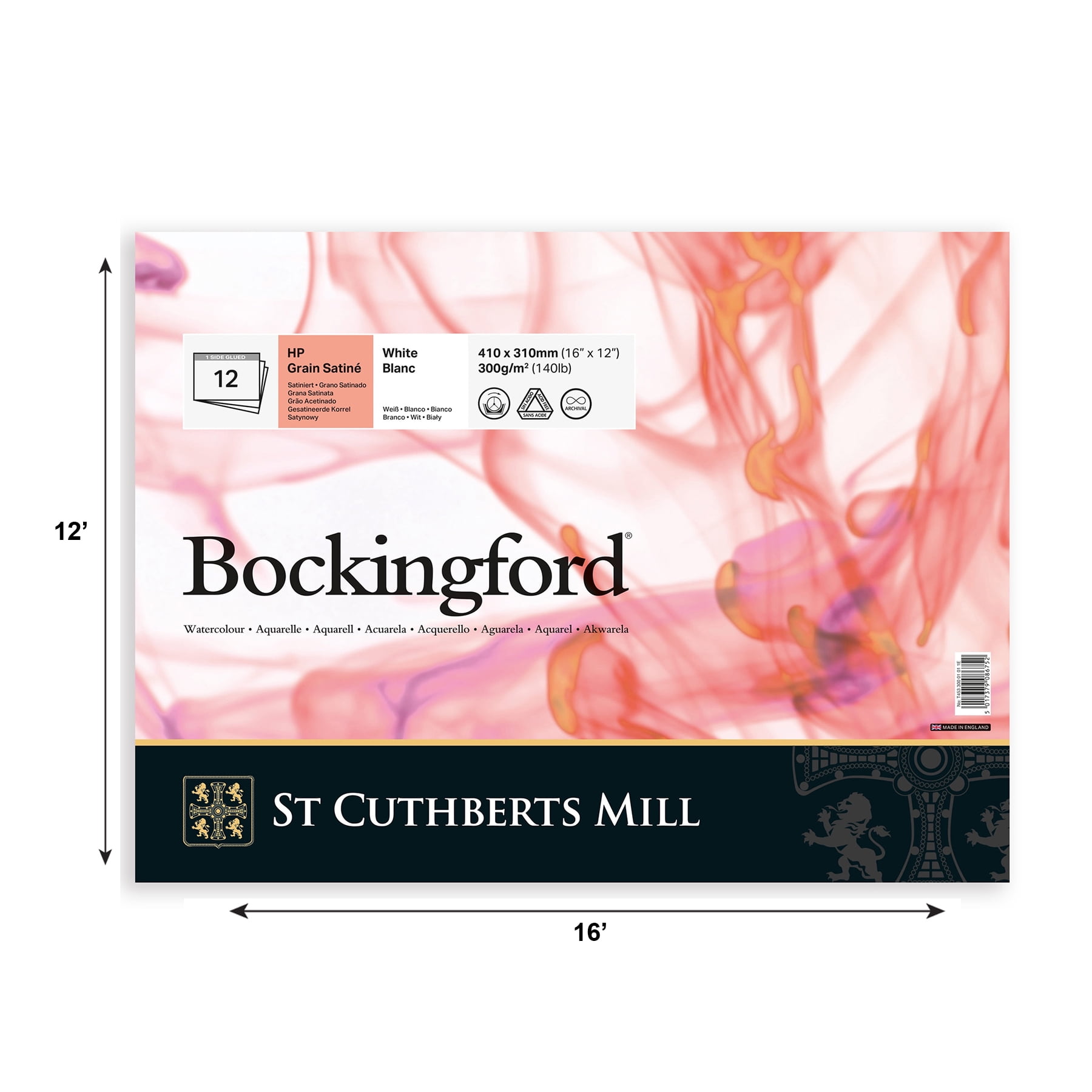 St Cuthberts Bockingford Watercolor Pad, Hot Pressed, White, Glue Binding, 140lb/300gsm, 12 Sheet, 12x16 inch, 1 Count
