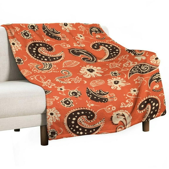 Orange Paisley Floral Pattern Design Textile Print Soft Print Blanket Throw Blankets Warm Cozy Lightweight Couch Blanket Stuff Gifts for Women Girls Kids Mom Teens Boys