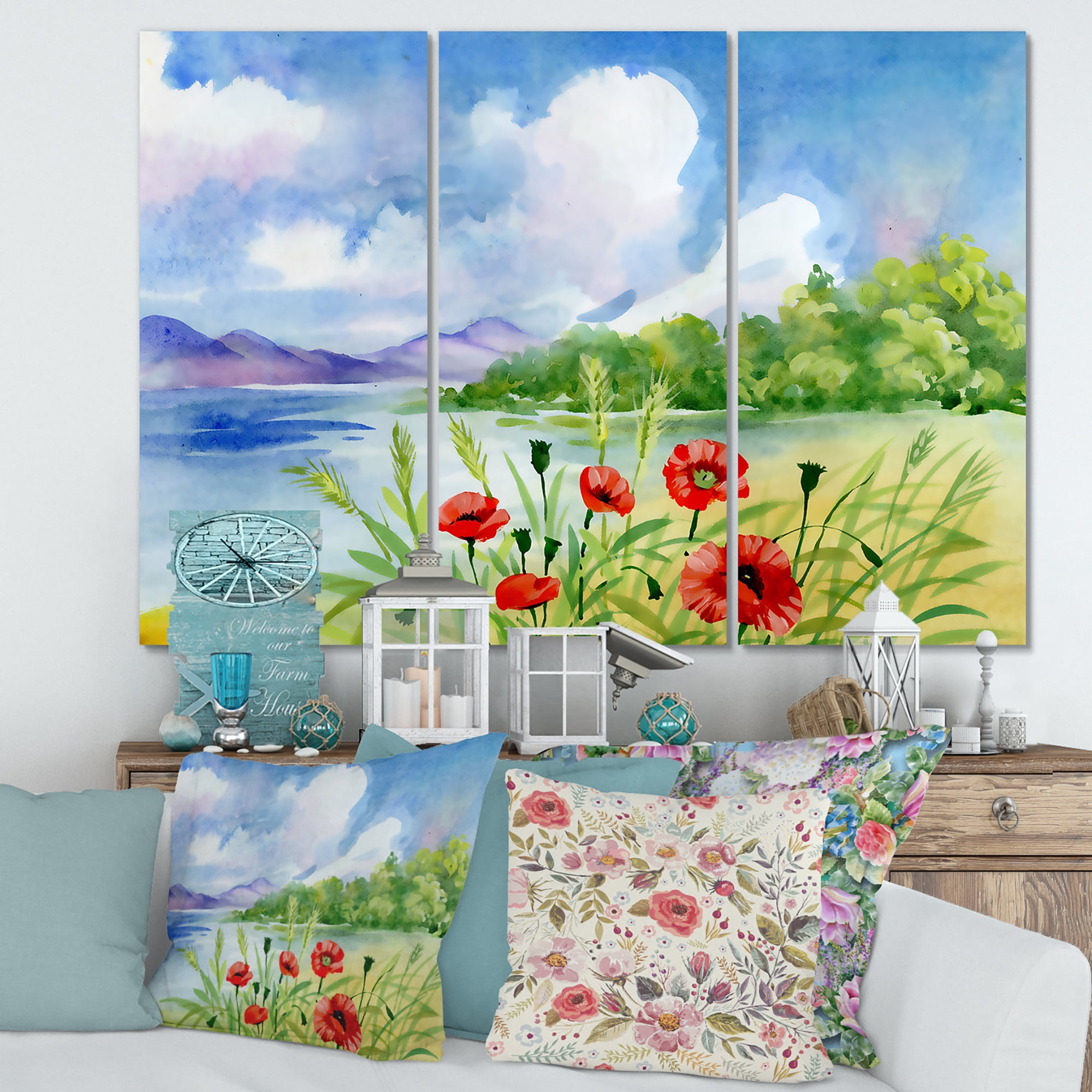 Designart ' Red Tulips On The Bank Near A River Mountain ' Lake House Canvas Wall Art Print