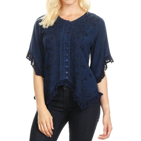 Sleeve Embroidery Lace Sakkas Adela Womens 3/4 Sleeve V neck Lace and Embroidery Top Blouse with Ties - Blue - XXL ()