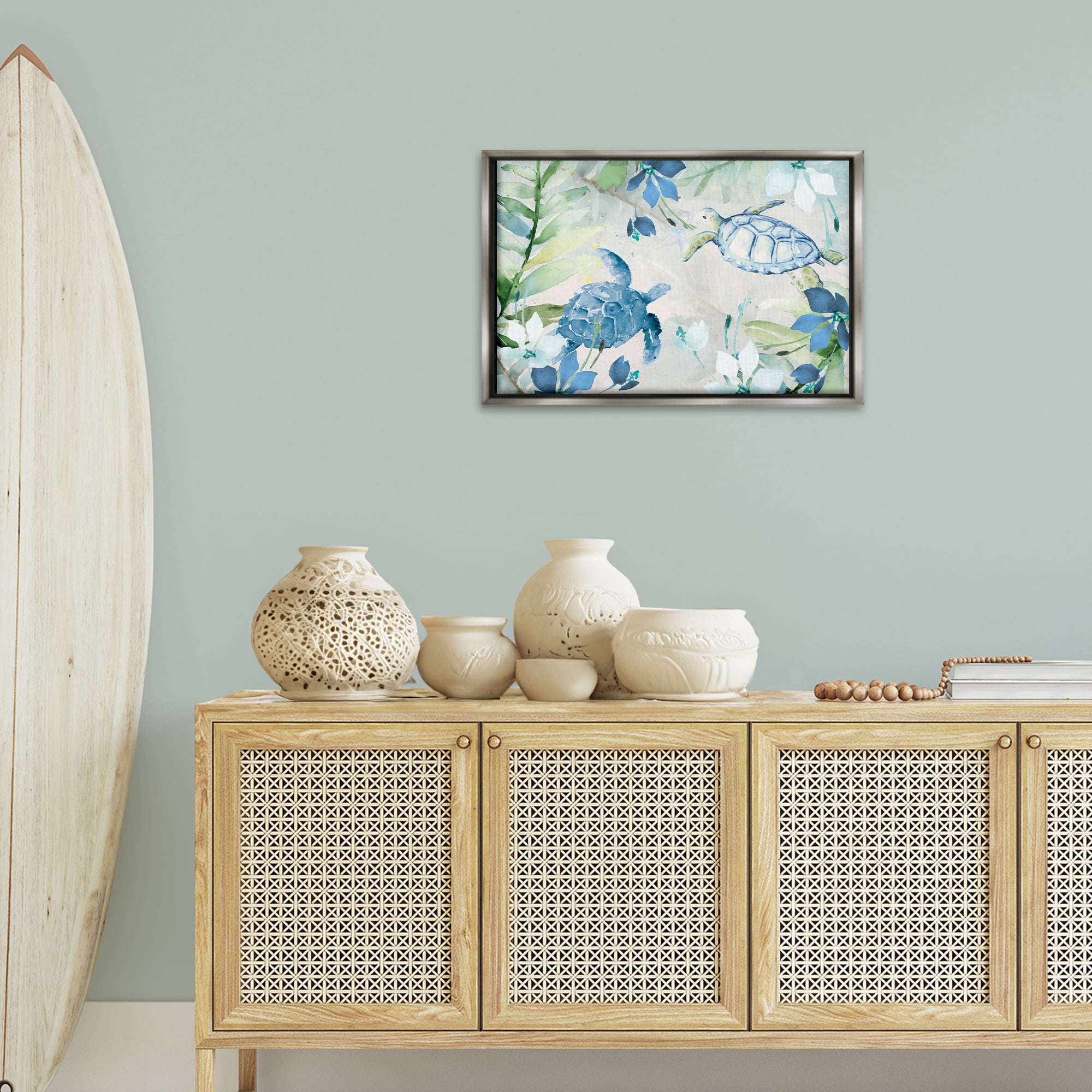 Stupell Industries Turtles Among Flowers Coastal Painting Gray Floater Framed Canvas Art Print Wall Art, 25 x 17