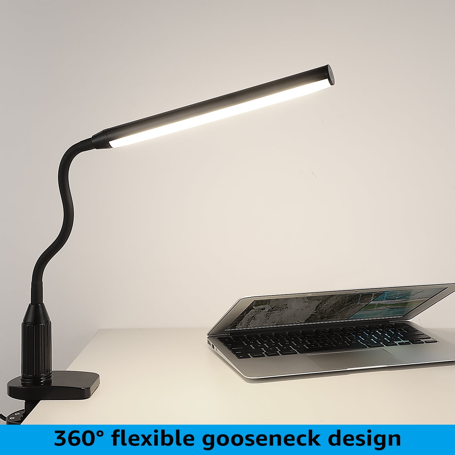 TORCHSTAR 5W Clamp Desk Lamp, Clip on Lamp, Dimmable LED Desk Lamp with USB Charging Port, Adjustable Gooseneck Clip USB Port Night Light for Home, Office, Study