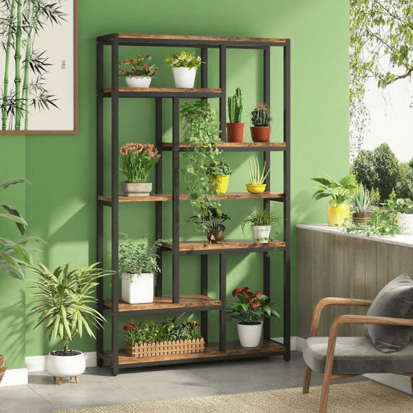 10-Shelf Industrial Open Bookshelf, Staggered Design, 30lbs/Shelf Capacity, Wall Anchors & Adjustable Feet, Tall Etagere for Home/Office
