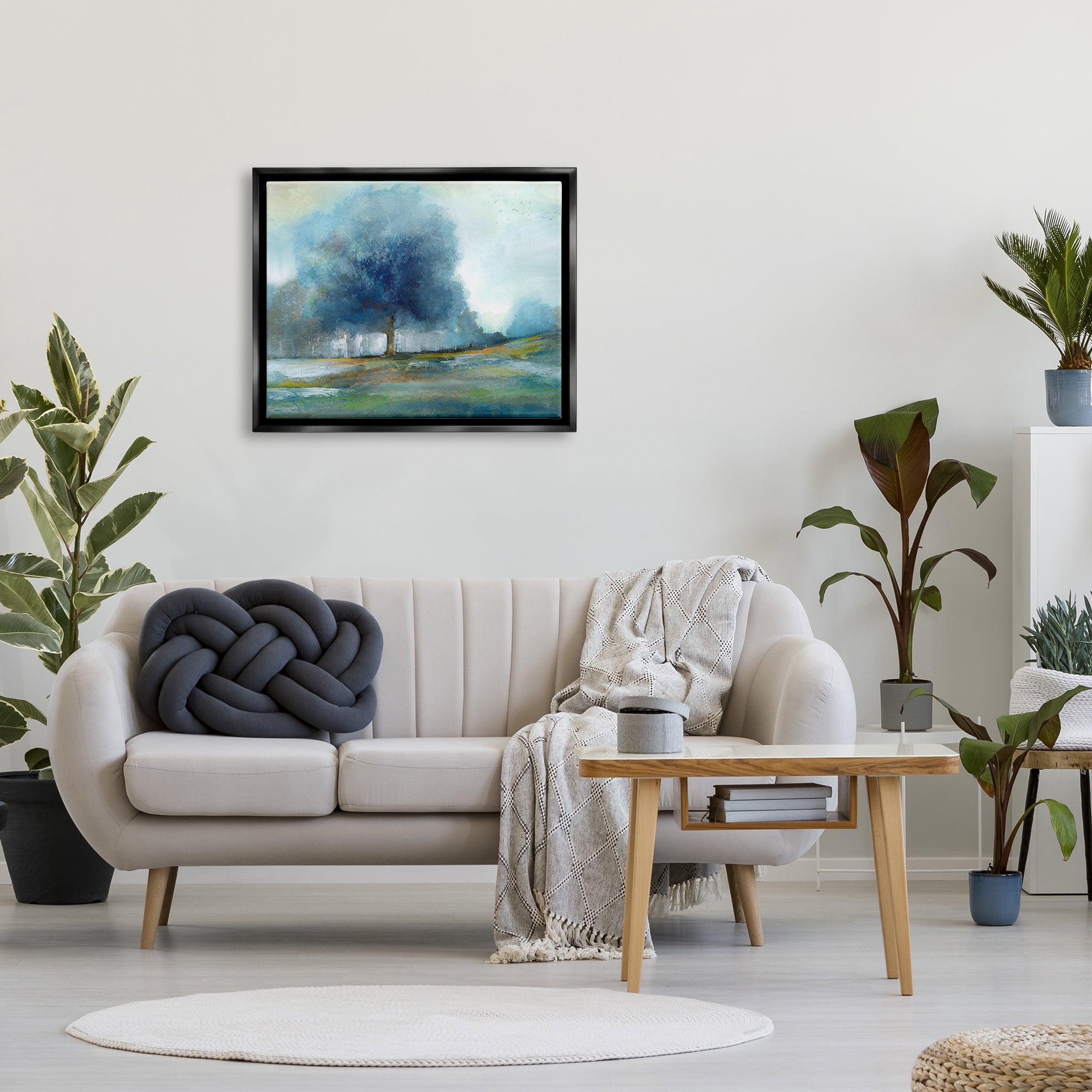 Stupell Industries Rural Blue Tree Abstract Painting Landscape Painting Black Floater Framed Art Print Wall Art
