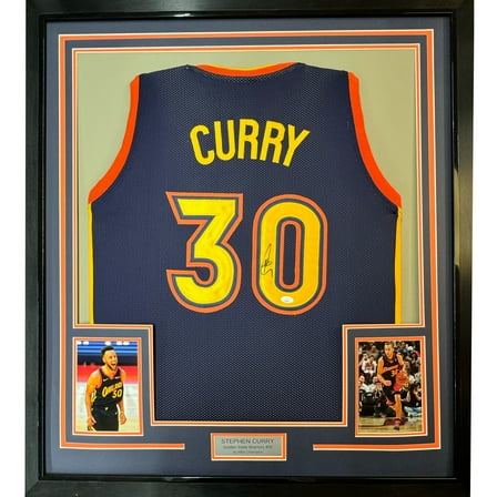 Framed Autographed/Signed Stephen Steph Curry 35x39 Golden State Navy Blue Throwback Basketball Jersey JSA COA