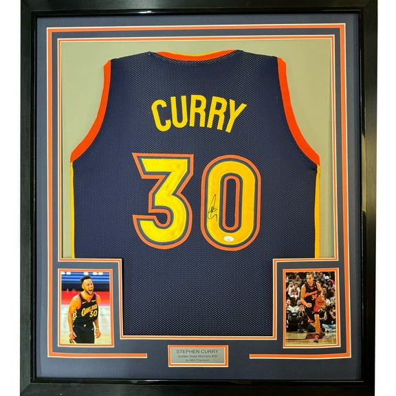 Framed Autographed/Signed Stephen Steph Curry 35x39 Golden State Navy Blue Throwback Basketball Jersey JSA COA