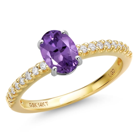 Gem Stone King 14K Two Tone Gold Purple Amethyst and Lab Grown Diamond Engagement Ring for Women | 0.91 Cttw | Oval 7X5MM | Gemstone February Birthstone | Size 6