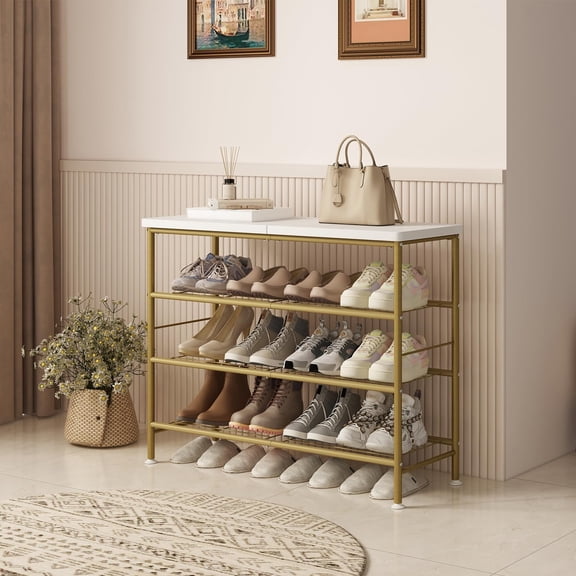 Seamika Shoe Rack Organizer 4 Tier for Closet Entryway Free Standing Metal Storage Shoe Shelf,Gold