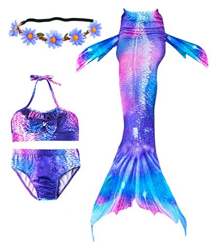 4Pcs Set Kids Girls Mermaid Tail Swimming Cute Shell Bikini Mono Fin Swimsuit 
