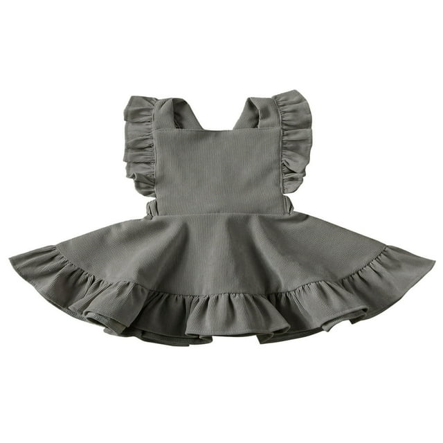 Girls Solid Color Suspender Skirt Sleeveless Square Collar Large Hem High Waist Dress with Ruffles