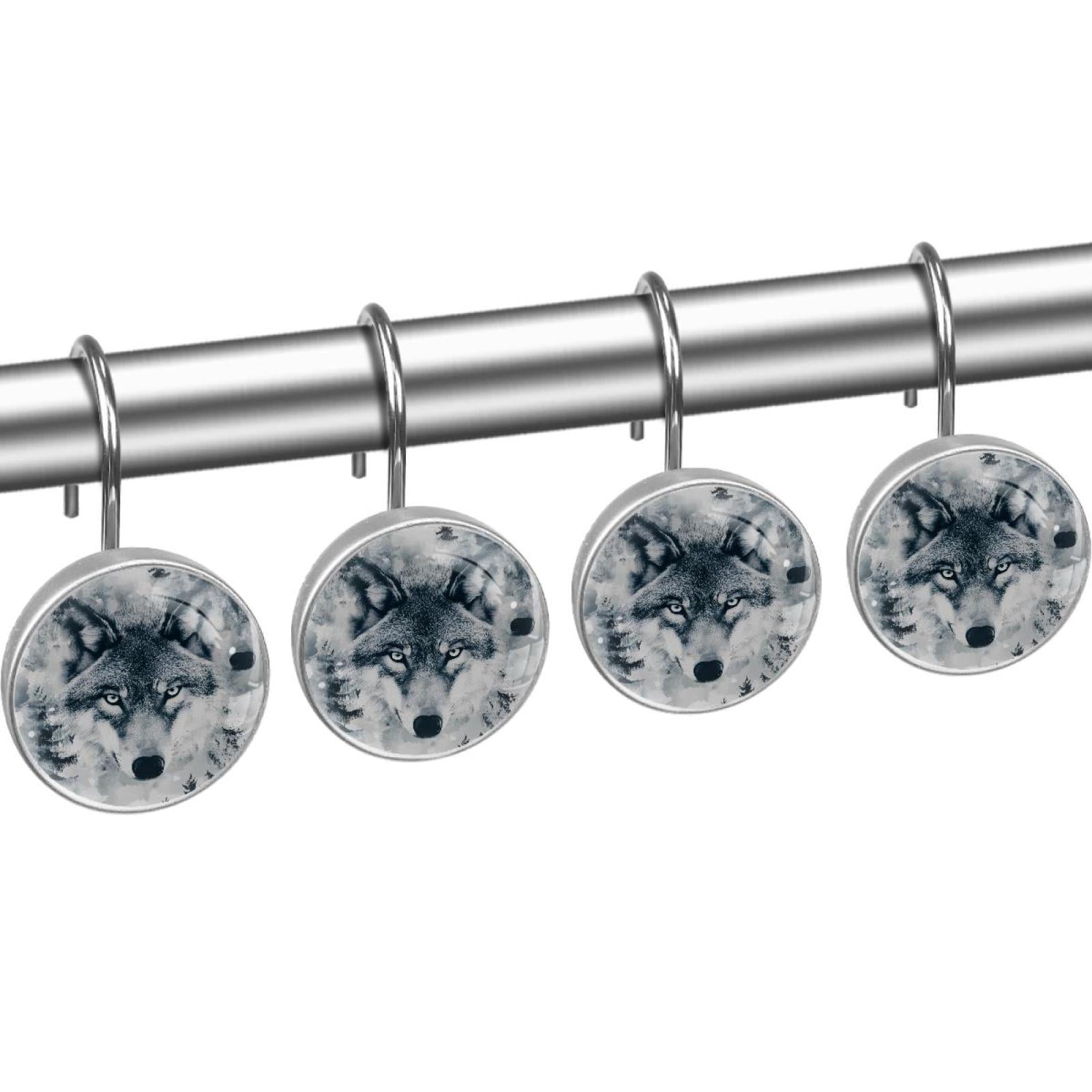Ferocious Wolf Shower Curtain Hooks Round Crystal Glass, Set of 12 Shower Curtain Rings - Shower Hooks for Curtain Shower Rings