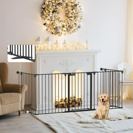 Dog Gate 27.5"-129" Extra-Wide Playpen, Freestanding Pet Gate, Puppy Fence with Auto-Close Door, Double Locking System for Fireplace, Foldable (Black, 5 Panels