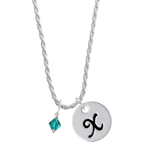 Delight Jewelry December - Teal Crystal Bicone Silvertone Script Initial Disc - X - Charm Necklace, 20"+3"