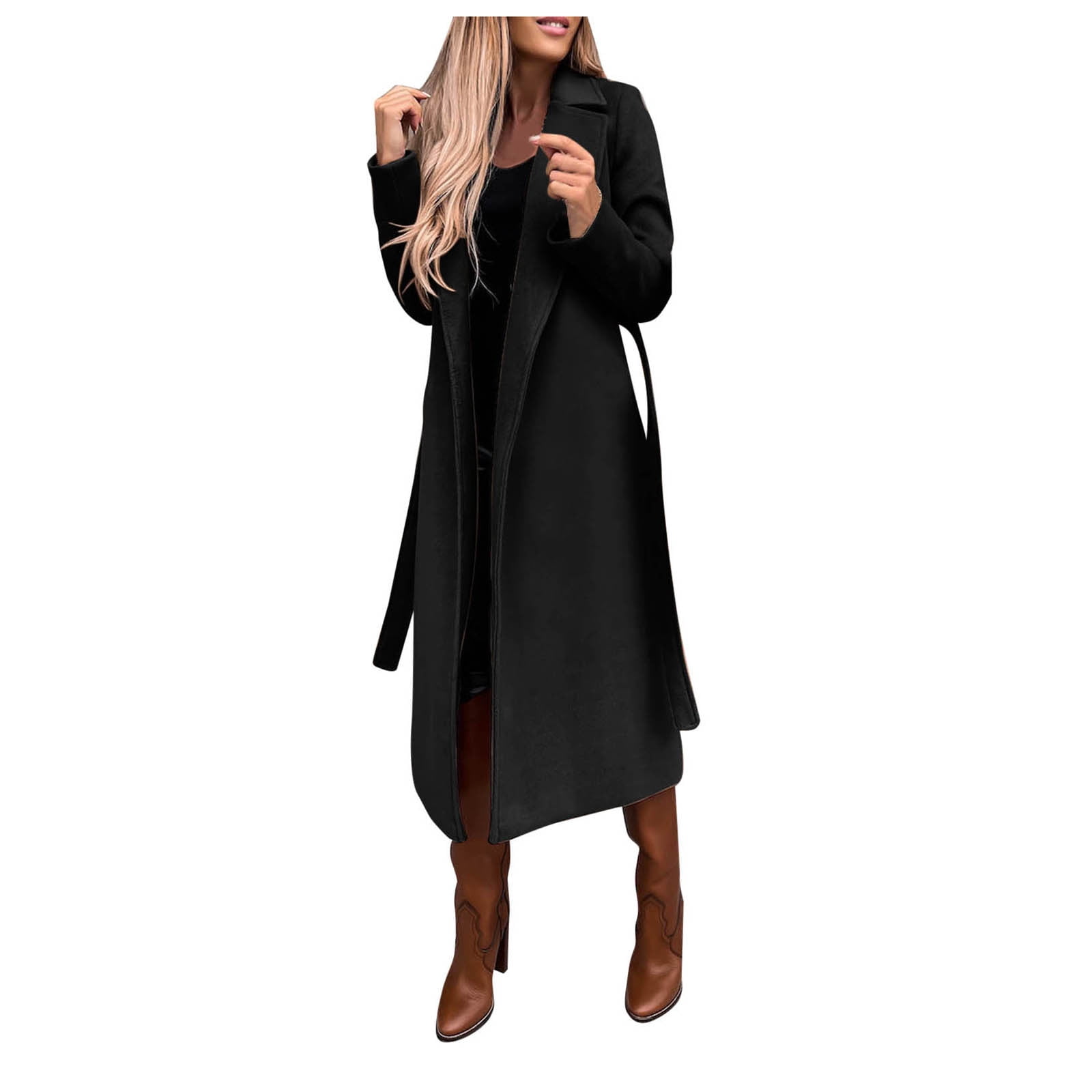 MRULIC winter coats for women Women's Faux Wool Coat Blouse Thin Coat  Trench Long Jacket Ladies Slim Long Belt Elegant Overcoat Outwear Black +  XXL
