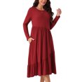 thumbnail image 2 of INSPIRE CHIC Women's Fall Long Sleeve Casual Loose Pleated Tiered Crewneck Swing Midi Dress with Pockets L Wine Red, 2 of 6