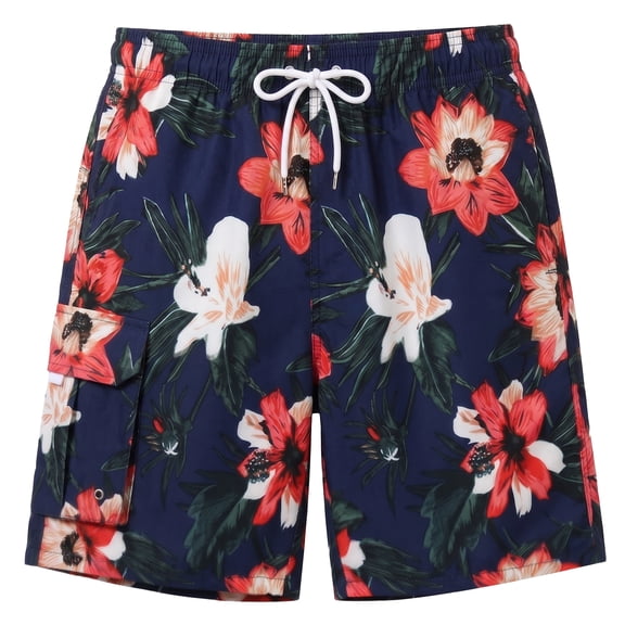 WQD Men’s Swim Trunks Quick Dry Board Shorts with Mesh Lining and Pockets Elastic Waist Drawstring Beach Shorts Tropical Floral Cargo Breathable Swimwear Bathing Suits for Swimming Surfing Vacation