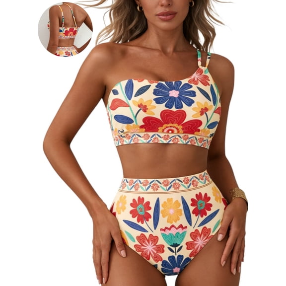 DOKOTOO Women's Bikini Sets Floral Print One Shoulder Spaghetti Straps High Waist Stretchy Tummy Control Two Piece Swimsuits