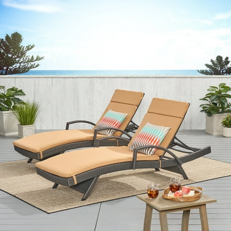 Anthony Outdoor Wicker Armed Chaise Lounges with Cushions Set of 2 Grey Caramel