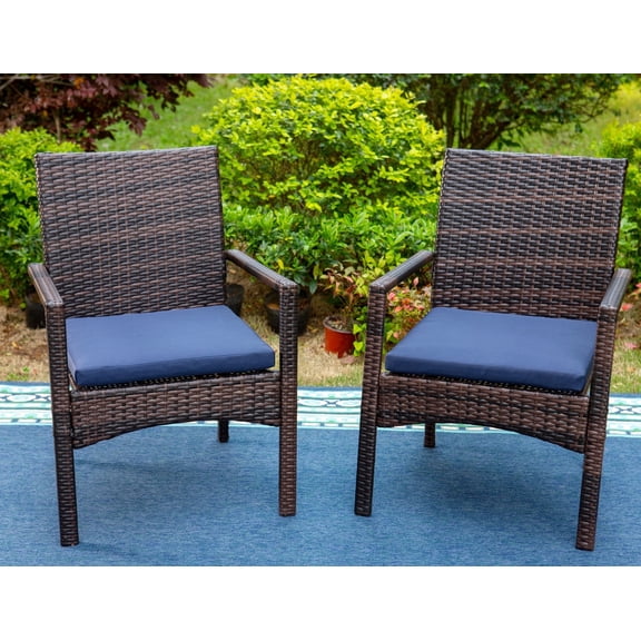 SUMMIT LIVING 2-Piece Outdoor Patio Rattan Dining Chair with Navy Blue Cushions, Dark Brown