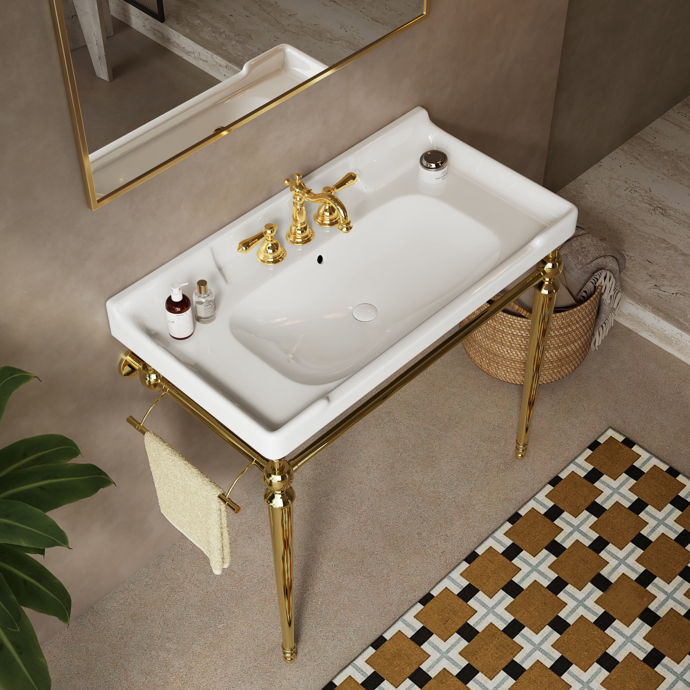 Noble House VICI 36" Bathroom Console Sink, Wall-Mounted Ceramic Basin Vanity with Stainless Steel Legs, White & Gold